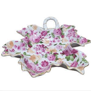 Royal Danube Yellow Pink Floral Chintz Leaf Shape Tray